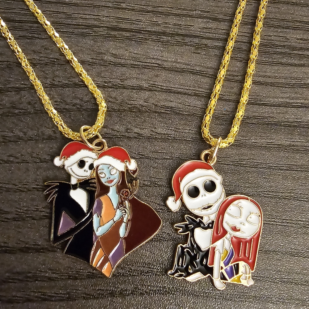Jack And Sally Pendants On Golden Necklace Select 1.